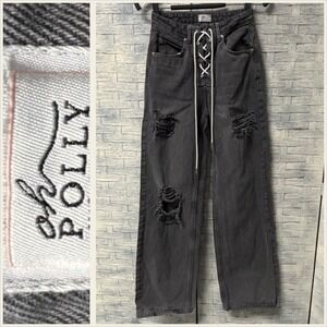 Oh POLLY Distressed Wide Leg High-Rise Womens 0 Gray‎ Denim Lace Up Front Ripped